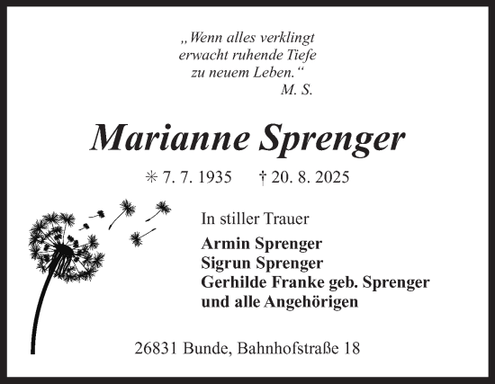 Traueranzeige von Marianne Sprenger von Ostfriesischer Kurier