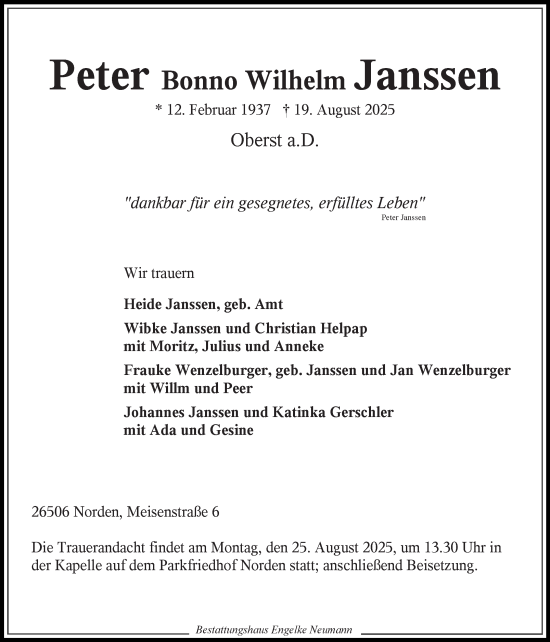 Traueranzeige von Peter Janssen von Ostfriesischer Kurier