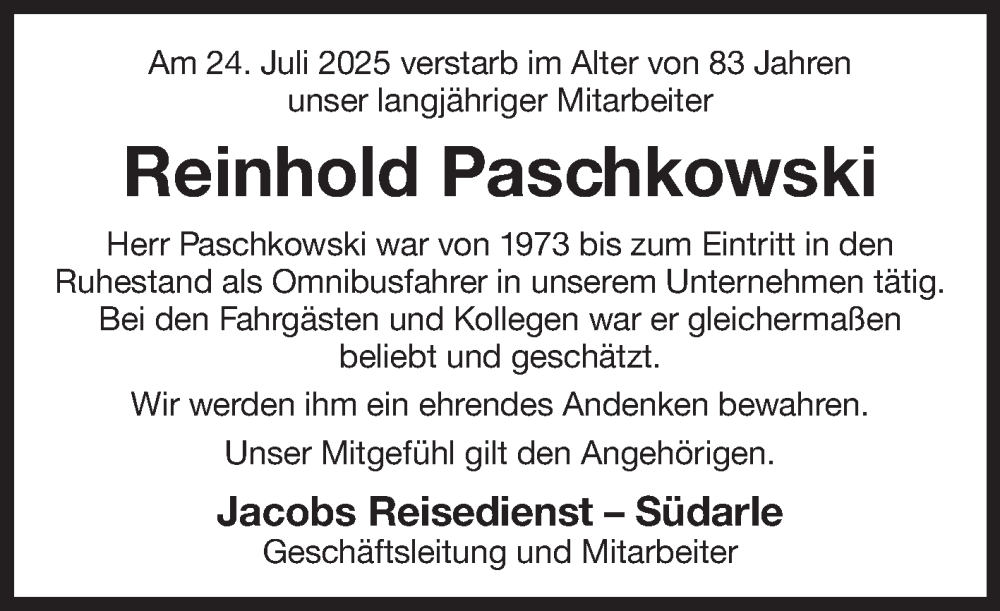  Traueranzeige für Reinhold Paschkowski vom 02.08.2025 aus Ostfriesischer Kurier