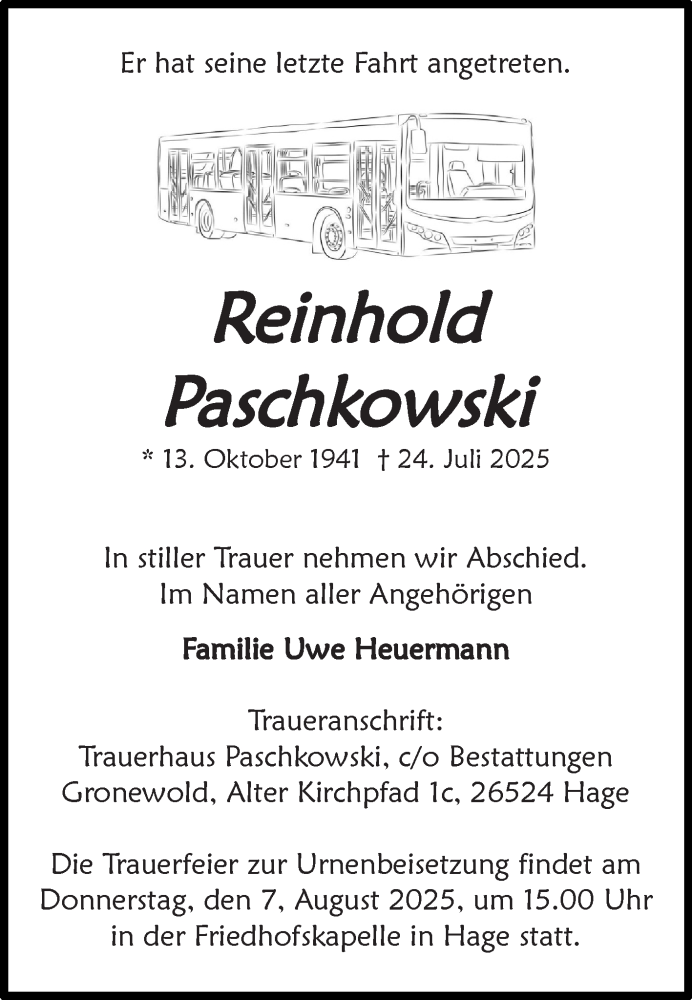  Traueranzeige für Reinhold Paschkowski vom 02.08.2025 aus Ostfriesischer Kurier