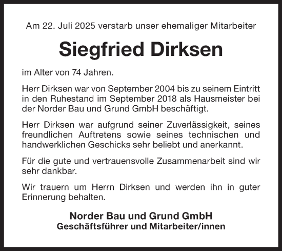 Traueranzeige von Siegfried Dirksen von Ostfriesischer Kurier