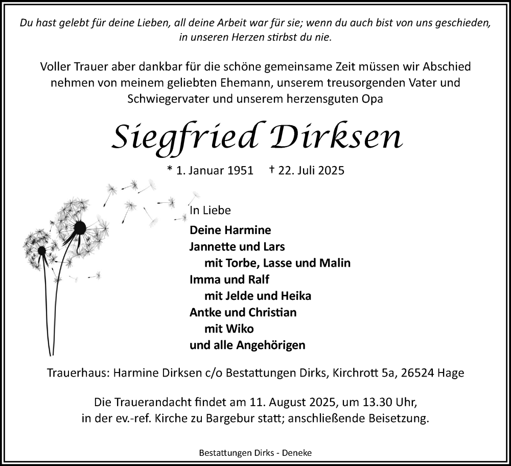  Traueranzeige für Siegfried Dirksen vom 02.08.2025 aus Ostfriesischer Kurier