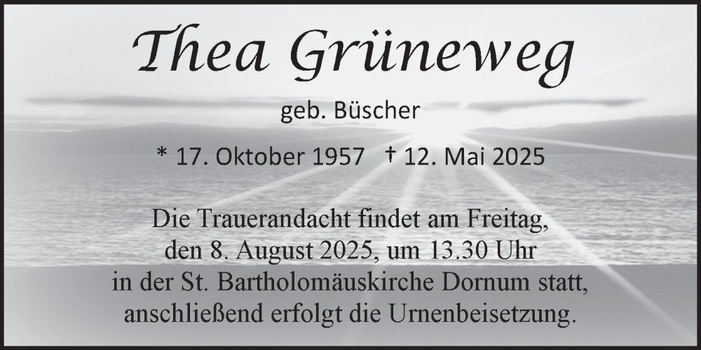  Traueranzeige für Thea Grüneweg vom 02.08.2025 aus Ostfriesischer Kurier