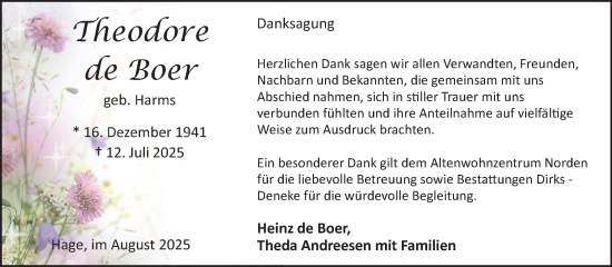 Traueranzeige von Theodore de Boer von Ostfriesischer Kurier
