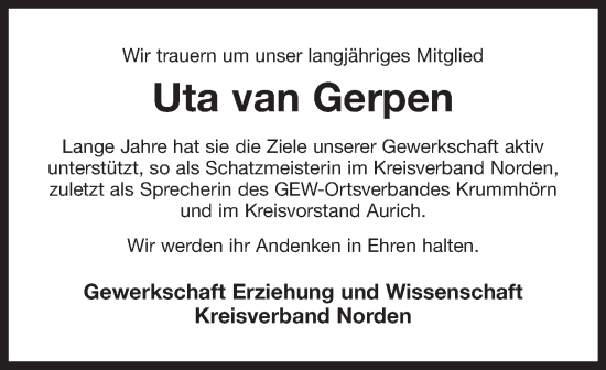 Traueranzeige von Uta van Gerpen von Ostfriesischer Kurier