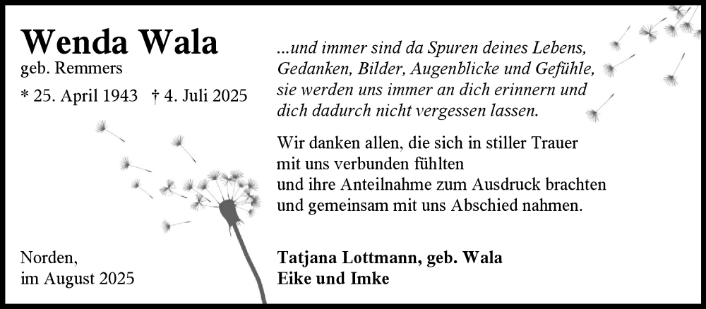  Traueranzeige für Wenda Wala vom 23.08.2025 aus Ostfriesischer Kurier