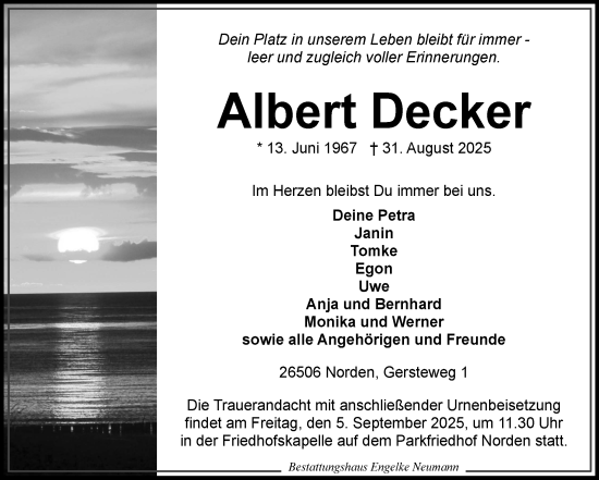 Traueranzeige von Albert Decker von Ostfriesischer Kurier