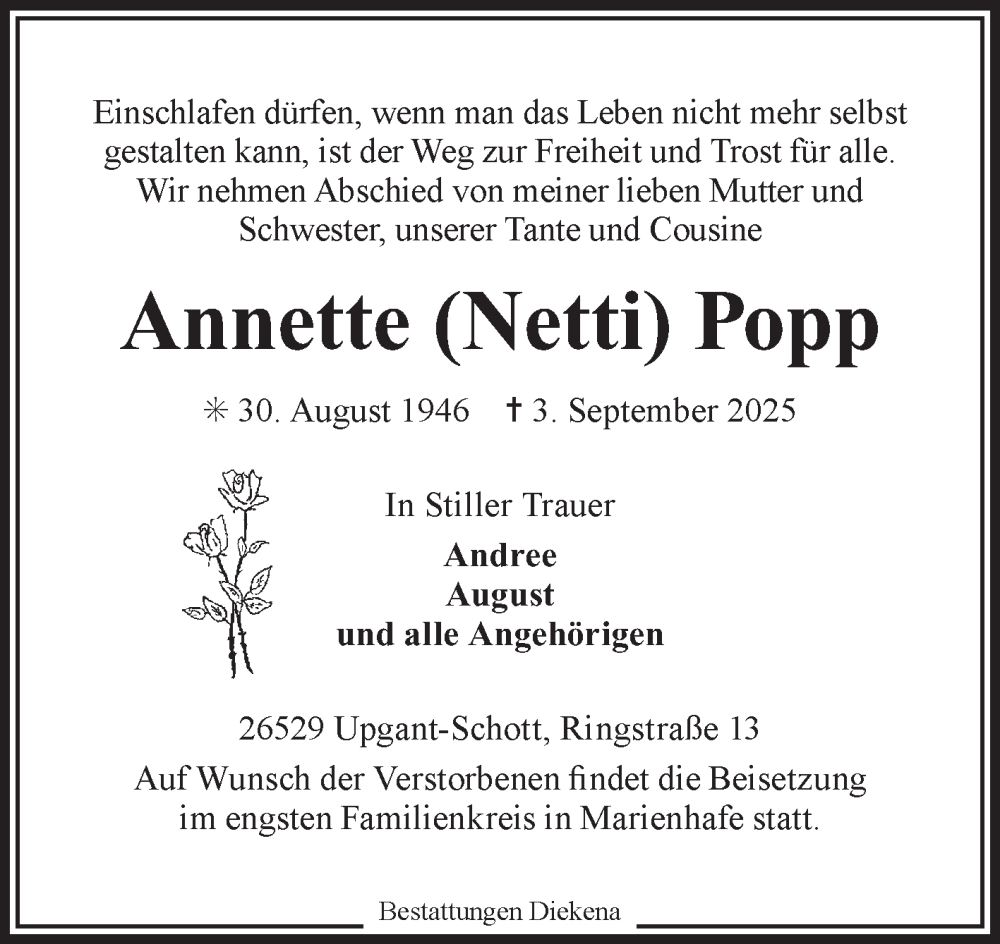  Traueranzeige für Annette (Netti) Popp vom 05.09.2025 aus Ostfriesischer Kurier