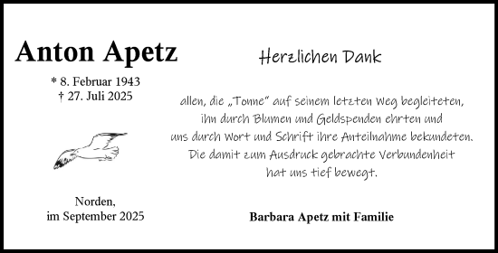 Traueranzeige von Anton Apetz von Ostfriesischer Kurier