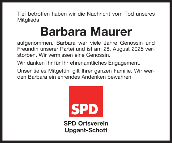 Traueranzeige von Barbara Maurer von Ostfriesischer Kurier