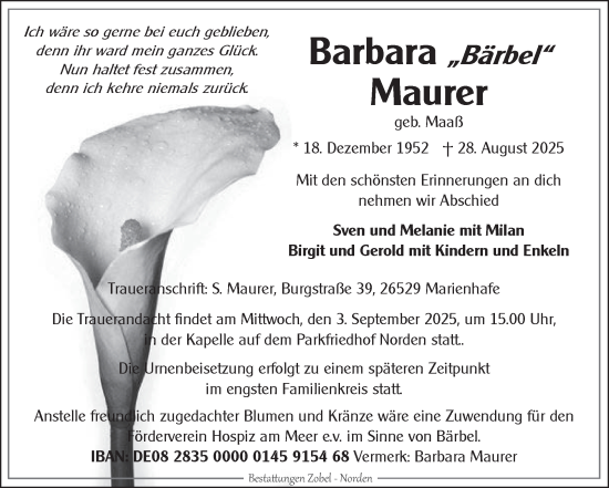 Traueranzeige von Barbara Maurer von Ostfriesischer Kurier