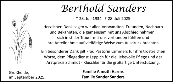 Traueranzeige von Berthold Sanders von Ostfriesischer Kurier