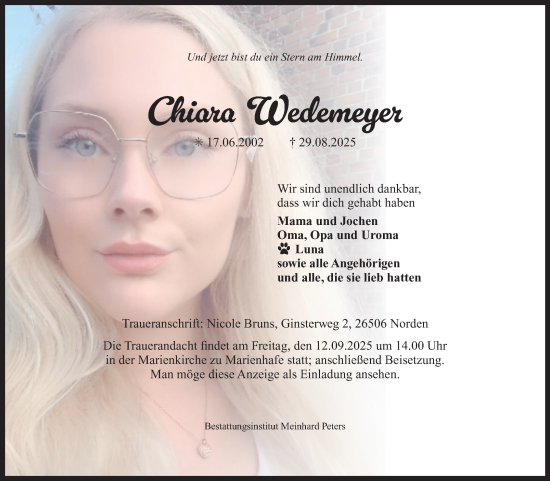 Traueranzeige von Chiara Wedemeyer von Ostfriesischer Kurier