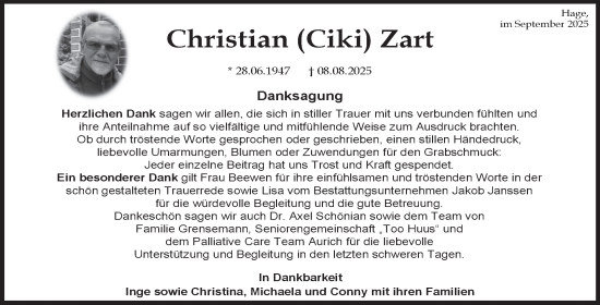 Traueranzeige von Christian Zart von Ostfriesischer Kurier
