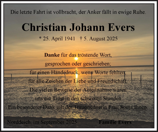 Traueranzeige von Christian Johann Evers von Ostfriesischer Kurier