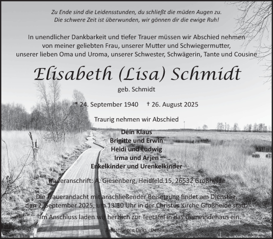Traueranzeige von Elisabeth Schmidt von Ostfriesischer Kurier