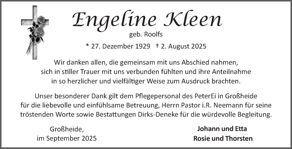  Traueranzeige für Engeline Kleen vom 06.09.2025 aus Ostfriesischer Kurier