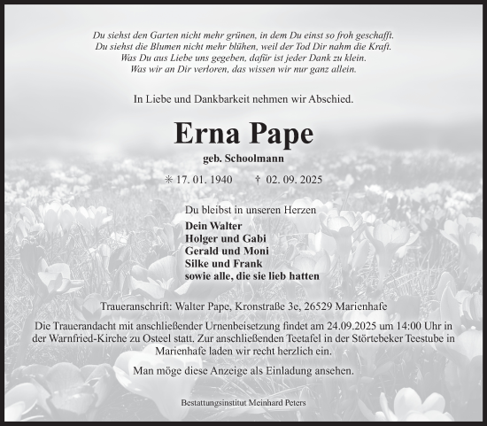 Traueranzeige von Erna Pape von Ostfriesischer Kurier