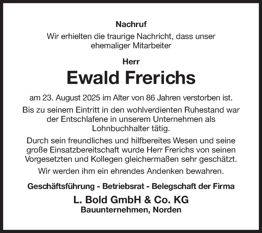  Traueranzeige für Ewald Frerichs vom 20.09.2025 aus Ostfriesischer Kurier