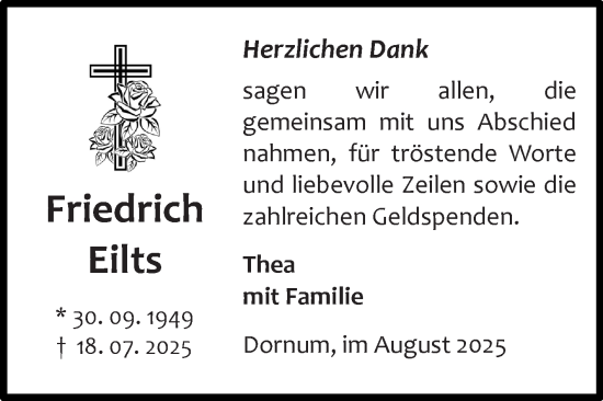 Traueranzeige von Friedrich Eilts von Ostfriesischer Kurier