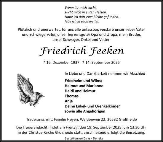 Traueranzeige von Friedrich Feeken von Ostfriesischer Kurier