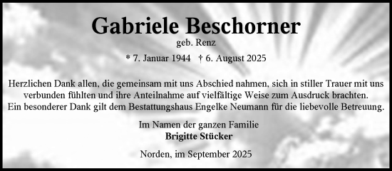 Traueranzeige von Gabriele Beschorner von Ostfriesischer Kurier