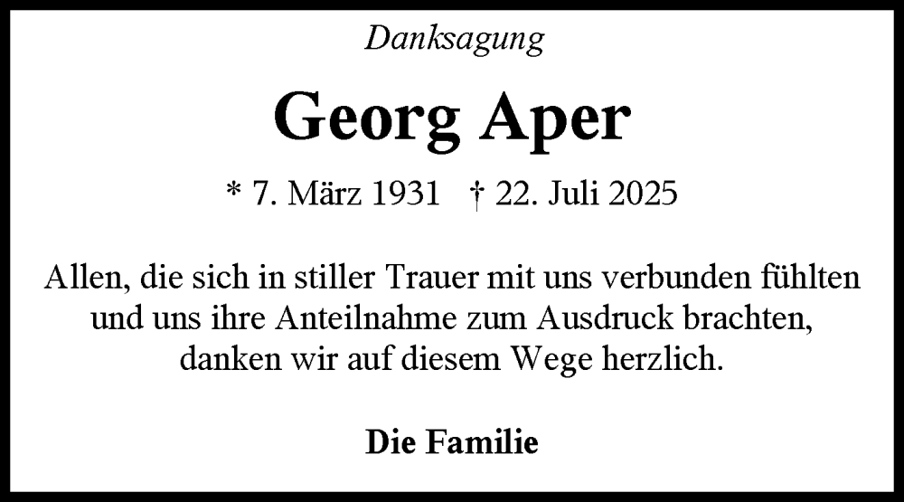  Traueranzeige für Georg Aper vom 30.08.2025 aus Ostfriesischer Kurier