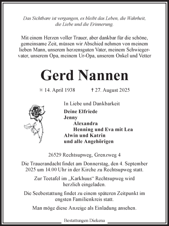 Traueranzeige von Gerd Nannen von Ostfriesischer Kurier