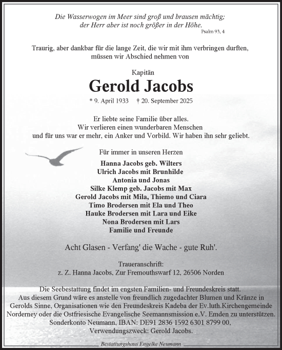 Traueranzeige von Gerold Jacobs von Ostfriesischer Kurier