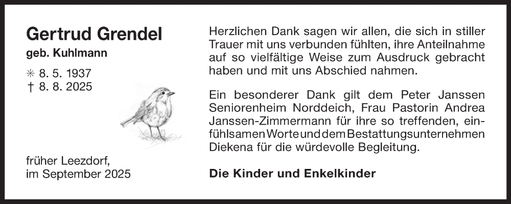  Traueranzeige für Gertrud Grendel vom 20.09.2025 aus Ostfriesischer Kurier