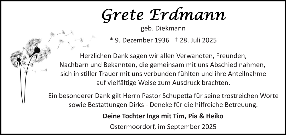  Traueranzeige für Grete Erdmann vom 20.09.2025 aus Ostfriesischer Kurier