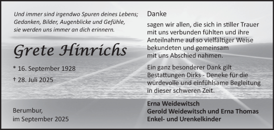 Traueranzeige von Grete Hinrichs von Ostfriesischer Kurier