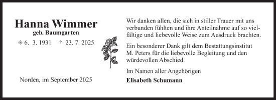Traueranzeige von Hanna Wimmer von Ostfriesischer Kurier
