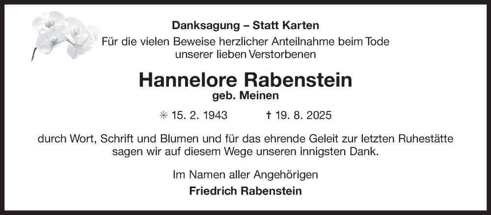  Traueranzeige für Hannelore Rabenstein vom 13.09.2025 aus Ostfriesischer Kurier