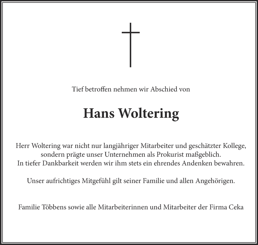  Traueranzeige für Hans Woltering vom 30.08.2025 aus Ostfriesischer Kurier