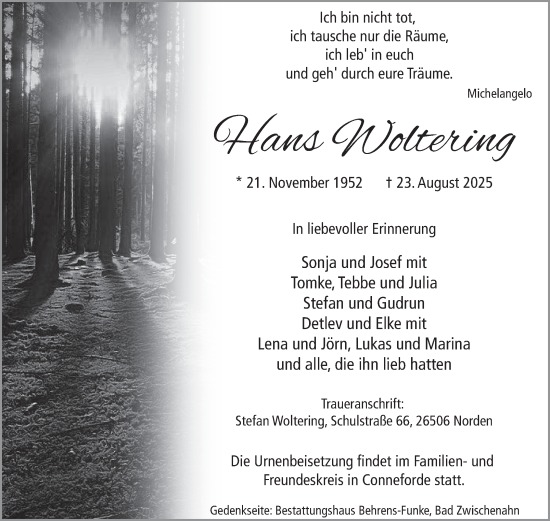 Traueranzeige von Hans Woltering von Ostfriesischer Kurier