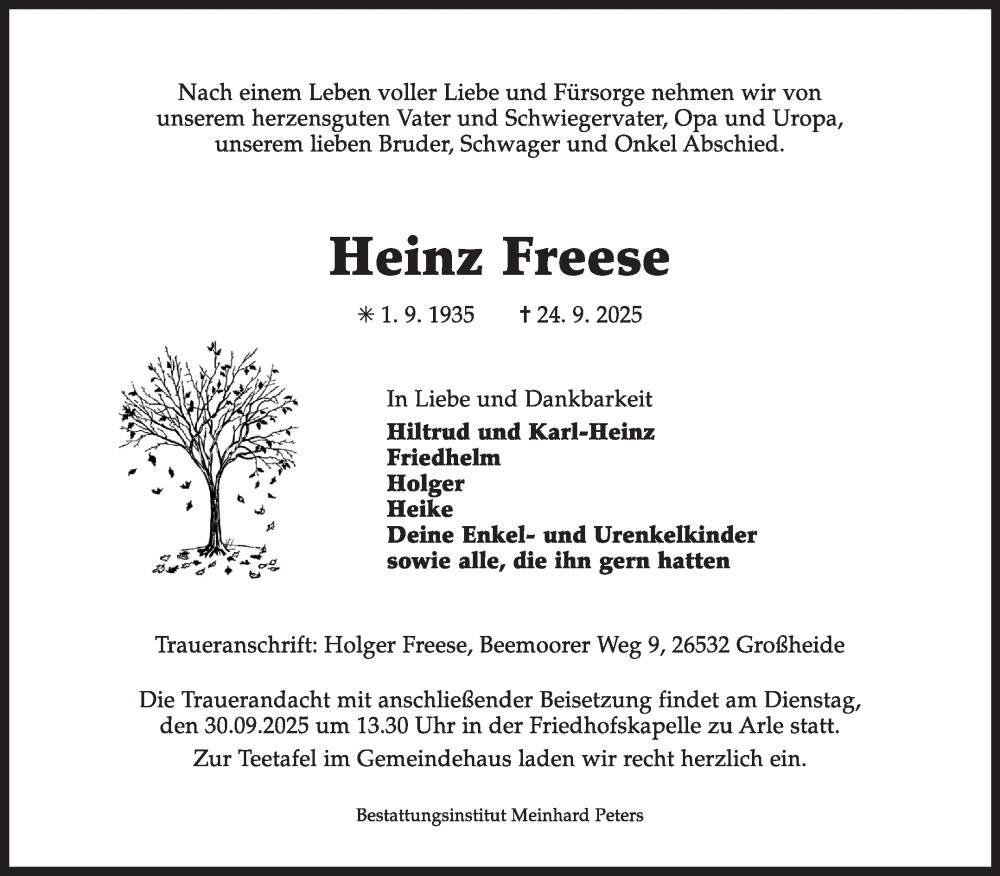  Traueranzeige für Heinz Freese vom 27.09.2025 aus Ostfriesischer Kurier