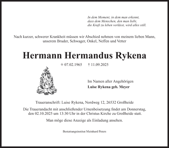 Traueranzeige von Hermann  Rykena von Ostfriesischer Kurier