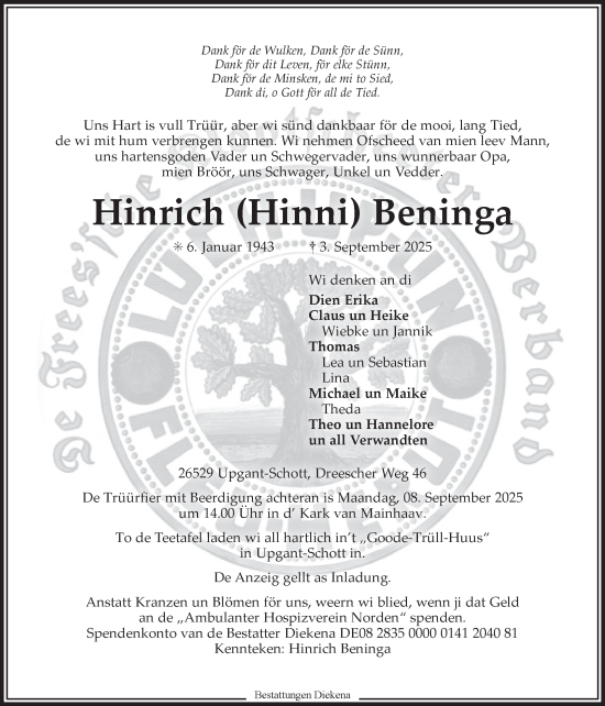 Traueranzeige von Hinrich (Hinni) Beninga von Ostfriesischer Kurier