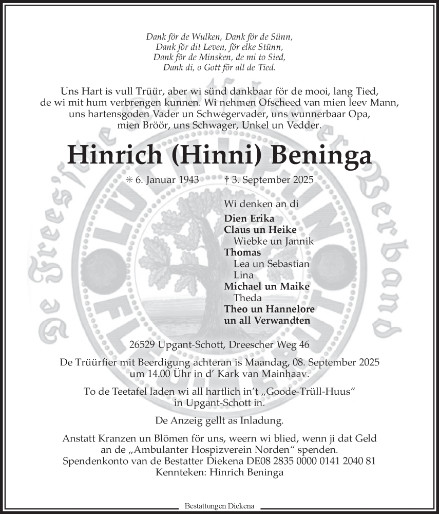  Traueranzeige für Hinrich (Hinni) Beninga vom 05.09.2025 aus Ostfriesischer Kurier