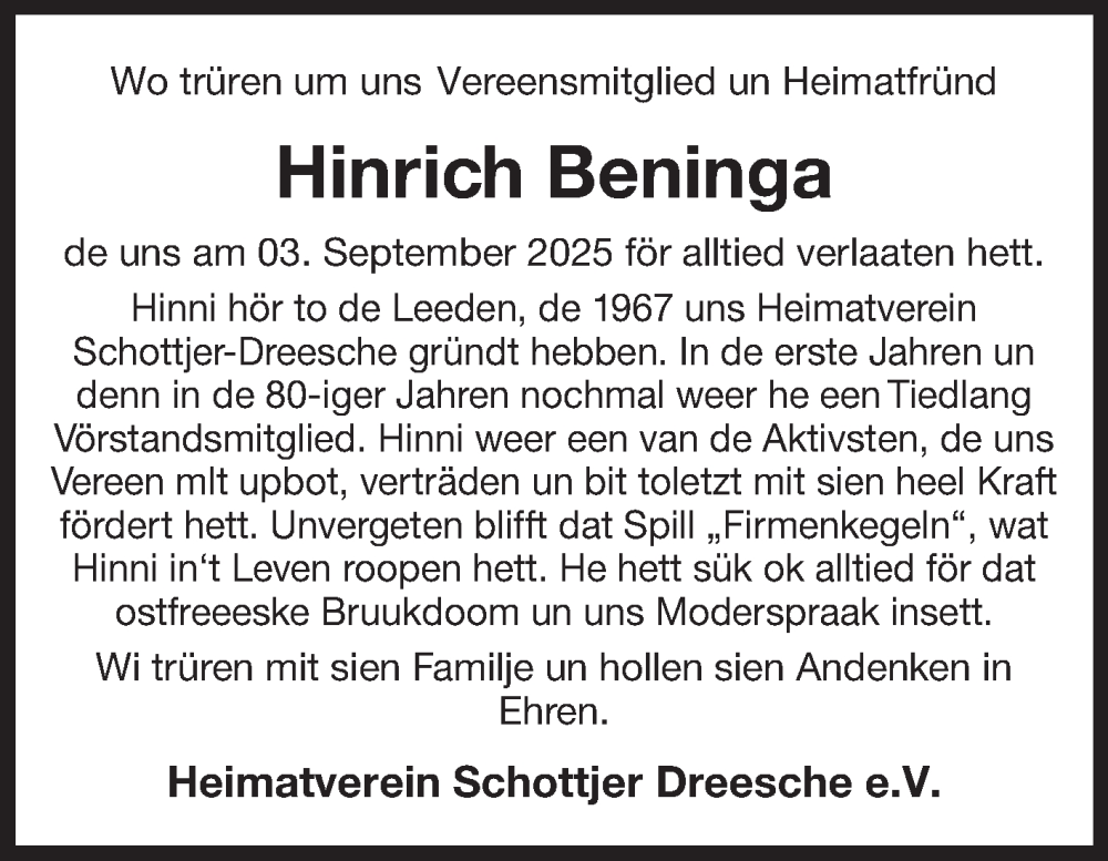  Traueranzeige für Hinrich Beninga vom 06.09.2025 aus Ostfriesischer Kurier