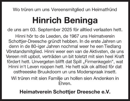 Traueranzeige von Hinrich Beninga von Ostfriesischer Kurier
