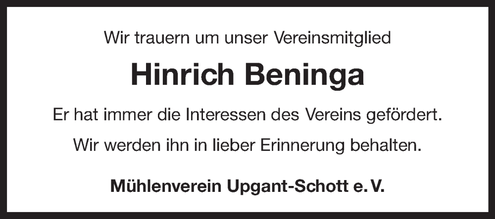  Traueranzeige für Hinrich Beninga vom 06.09.2025 aus Ostfriesischer Kurier
