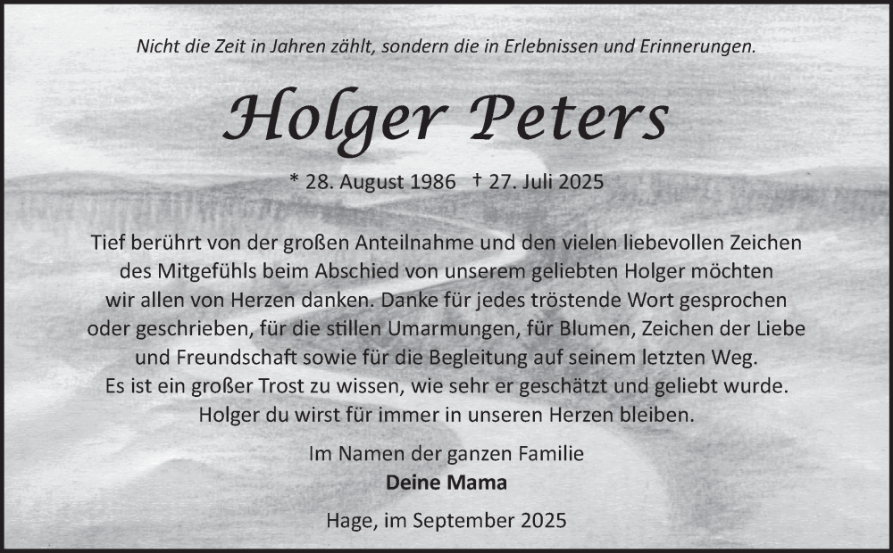  Traueranzeige für Holger Peters vom 06.09.2025 aus Ostfriesischer Kurier