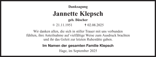 Traueranzeige von Jannette Klepsch von Ostfriesischer Kurier
