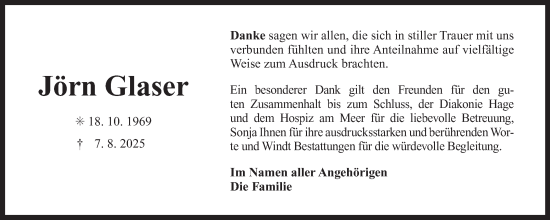Traueranzeige von Jörn Glaser von Ostfriesischer Kurier