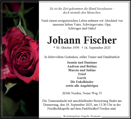 Traueranzeige von Johann Fischer von Ostfriesischer Kurier