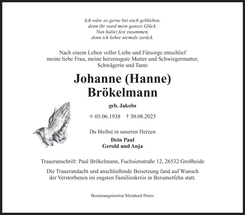  Traueranzeige für Johanne  Brökelmann vom 06.09.2025 aus Ostfriesischer Kurier