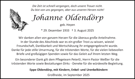 Traueranzeige von Johanne Oldendörp von Ostfriesischer Kurier