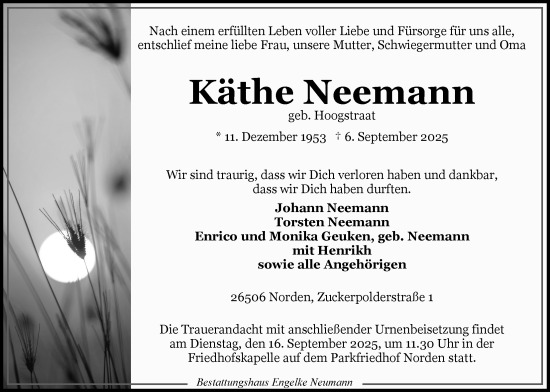 Traueranzeige von Käthe Neemann von Ostfriesischer Kurier